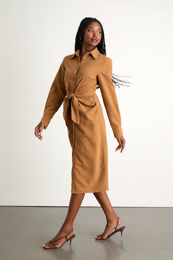 Autumnal Views Tan Suede Button-Up Tie-Front Midi Dress 5