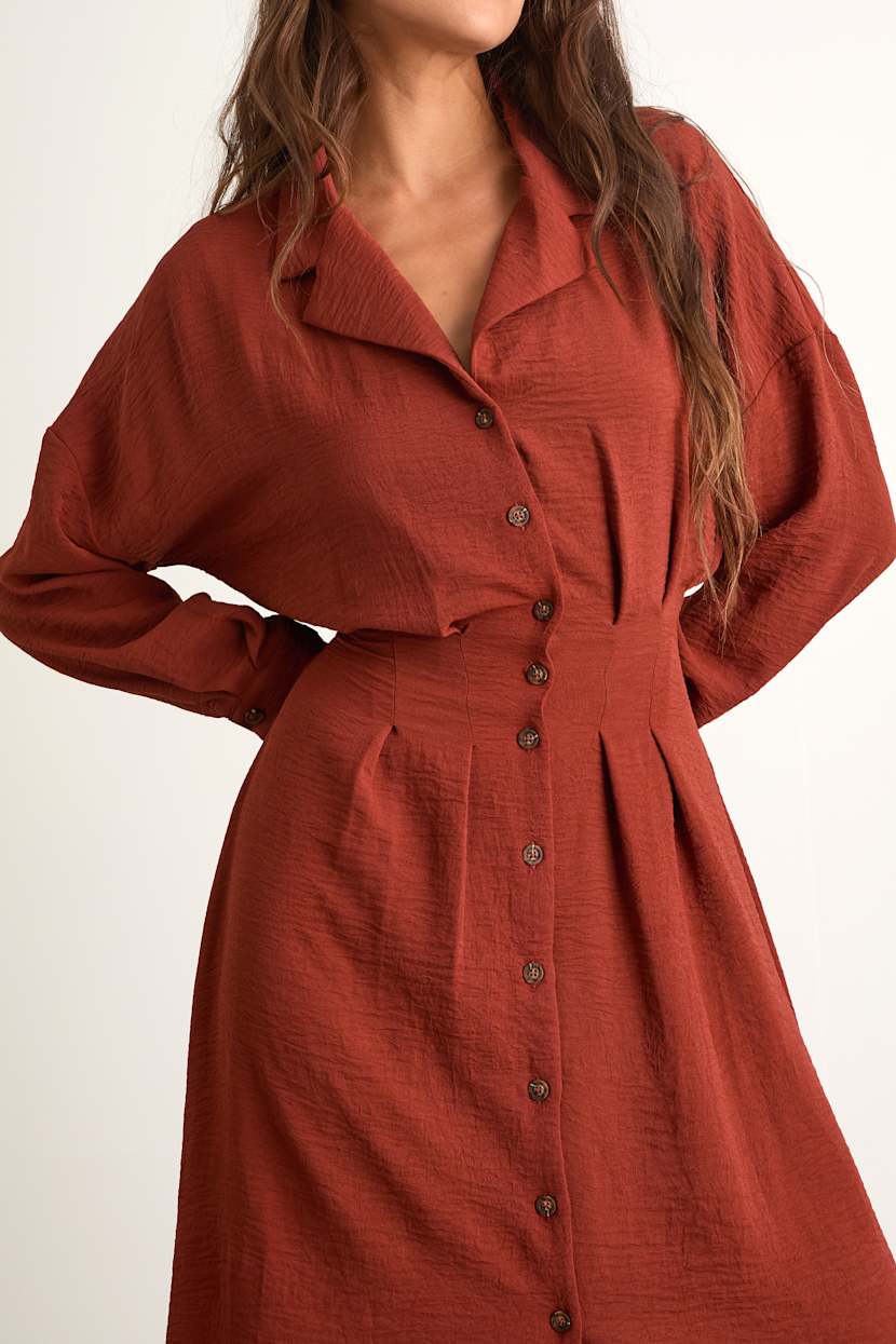 Timeless Class Rust Collared Button-Up Pleated Midi Dress