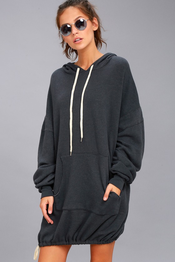 Project Social T Luca - Washed Black Hooded Sweatshirt Dress - Lulus