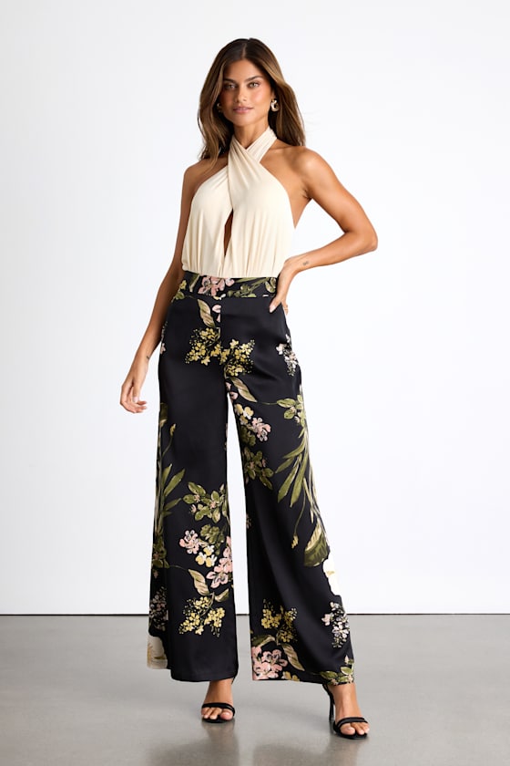 Thriving Vibes Black Multi Floral Print Satin Wide-Leg Pants 1