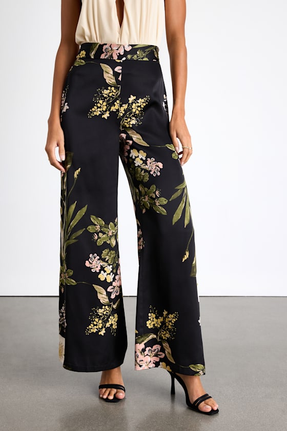 Thriving Vibes Black Multi Floral Print Satin Wide-Leg Pants 2