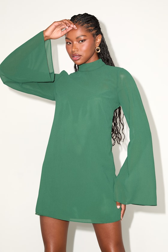 Perfected Charm Dark Green Bell Sleeve Mini Shift Dress 1