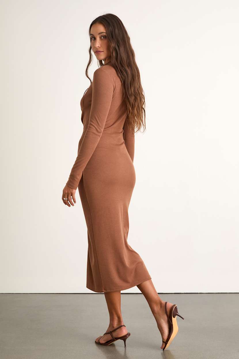 Light Brown Midi Dress - Long Sleeve Dress - Bodycon Midi Dress - Lulus
