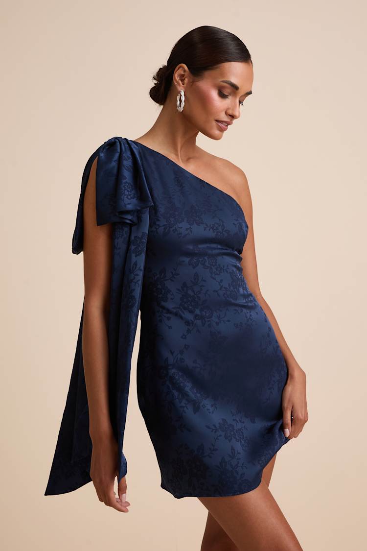 Jayda Navy Satin One-Shoulder Sash Mini Dress