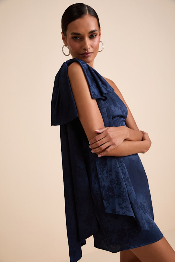 Navy Satin Mini Dress - Satin Jacquard Dress - One-Shoulder Dress
