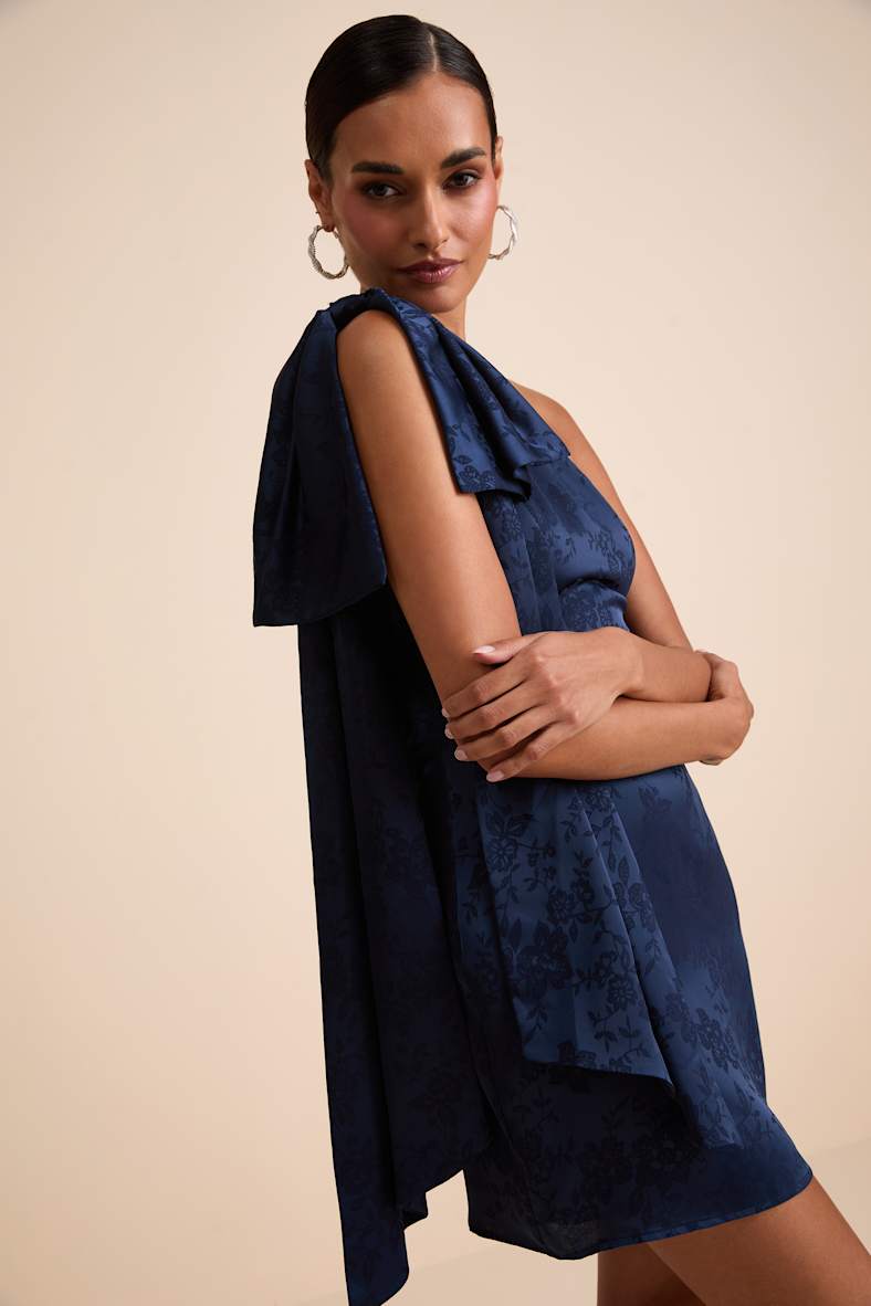 Jayda Navy Satin One-Shoulder Sash Mini Dress