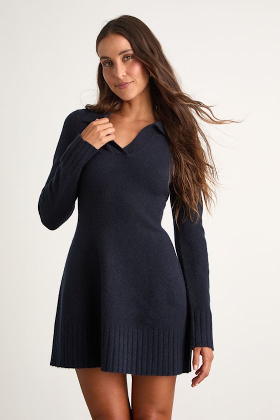 Lulus Soft Serenity Navy Collared Sweater Mini Dress In Blue