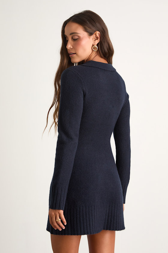 Lulus Soft Serenity Navy Collared Sweater Mini Dress In Blue