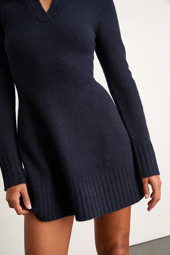 Lulus Soft Serenity Navy Collared Sweater Mini Dress In Blue