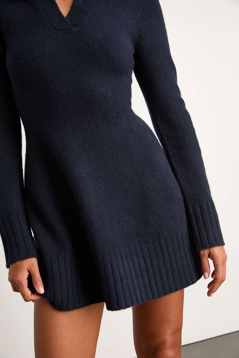 Lulus | Navy Collared Sweater Mini Dress | Womens | Small (Available in XXL, XXS, XS, M, L) | Polyester/Spandex/Nylon