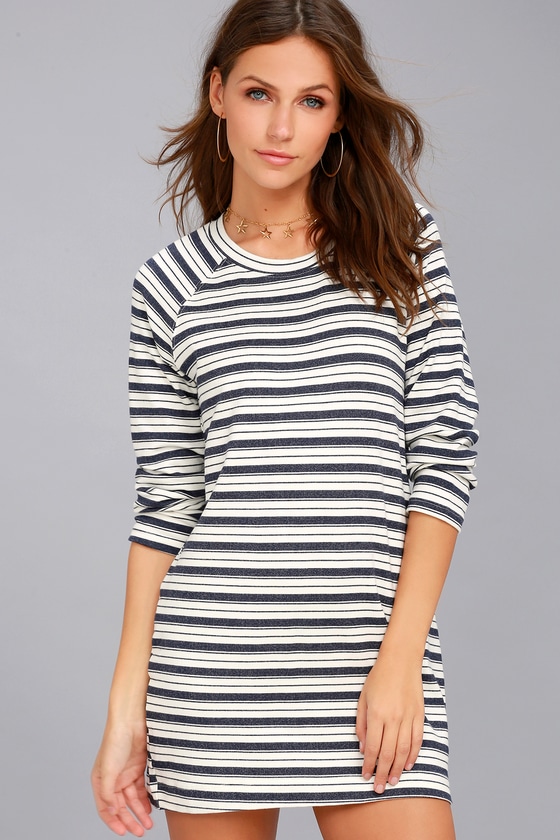 Obey Woodridge - Navy Blue Striped Dress - Long Sleeve Dress - Lulus