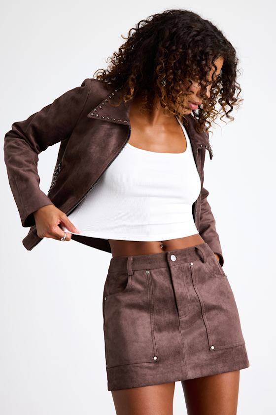 Image of Nilza Chocolate Brown Suede Mid-Rise Mini Skirt
