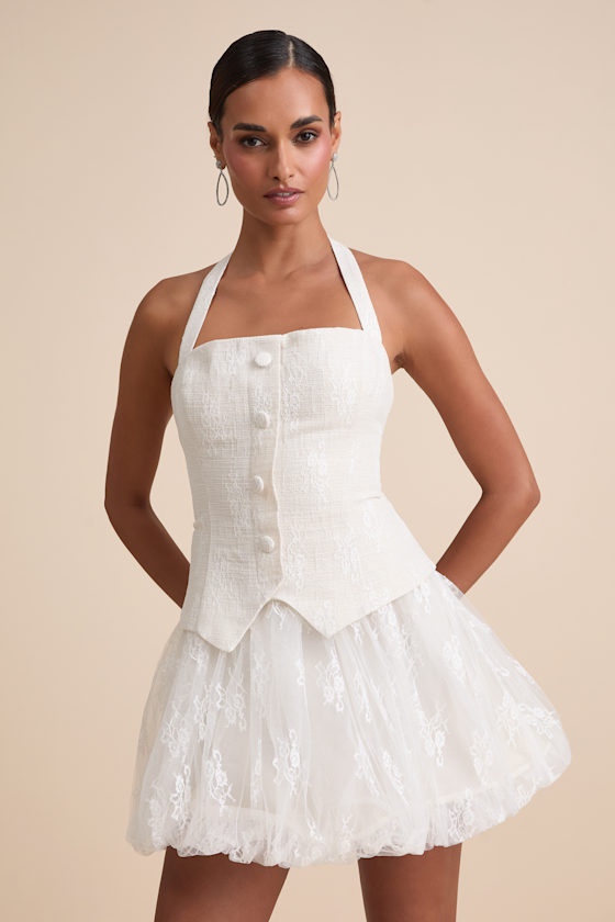Lulus Ottoline Ivory Mixed-media Bubble-hem Halter Mini Dress In White