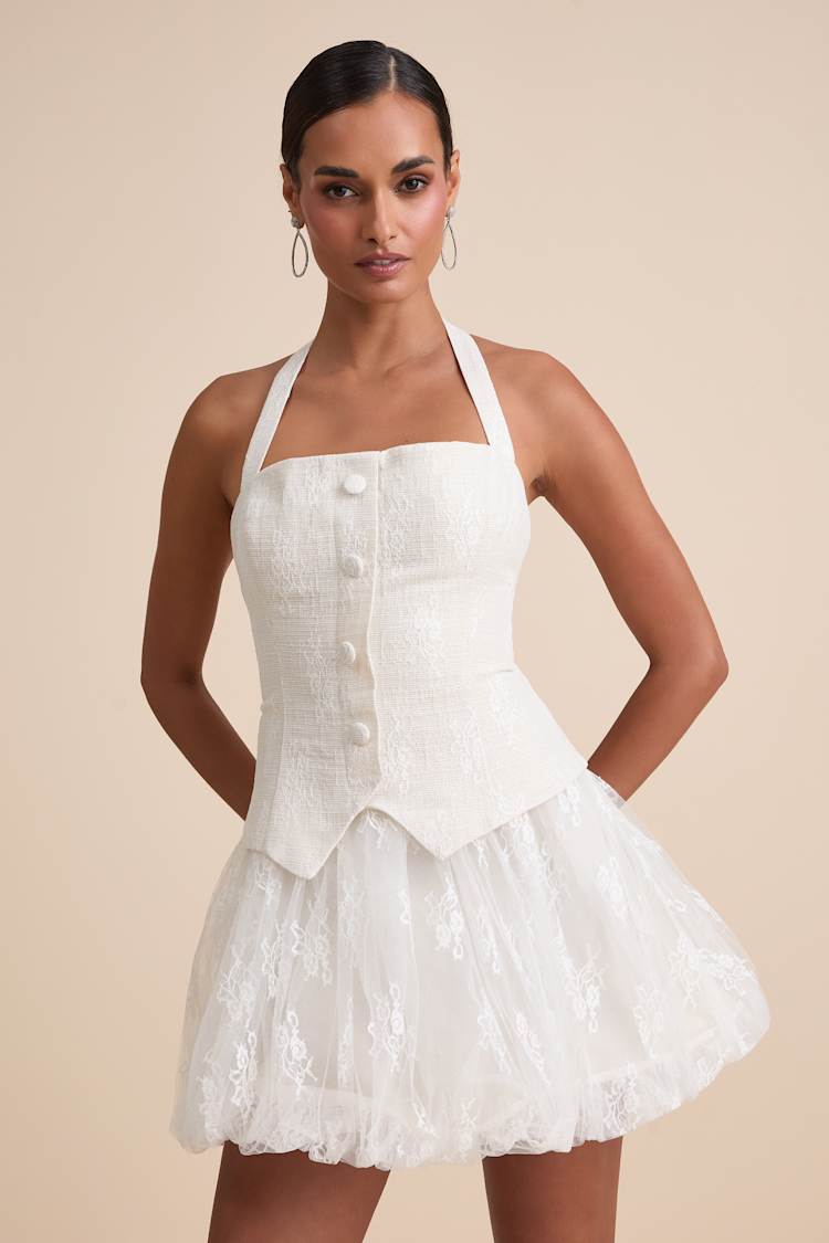Ottoline Ivory Mixed-Media Bubble-Hem Halter Mini Dress