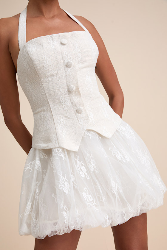Lulus Ottoline Ivory Mixed-media Bubble-hem Halter Mini Dress In White