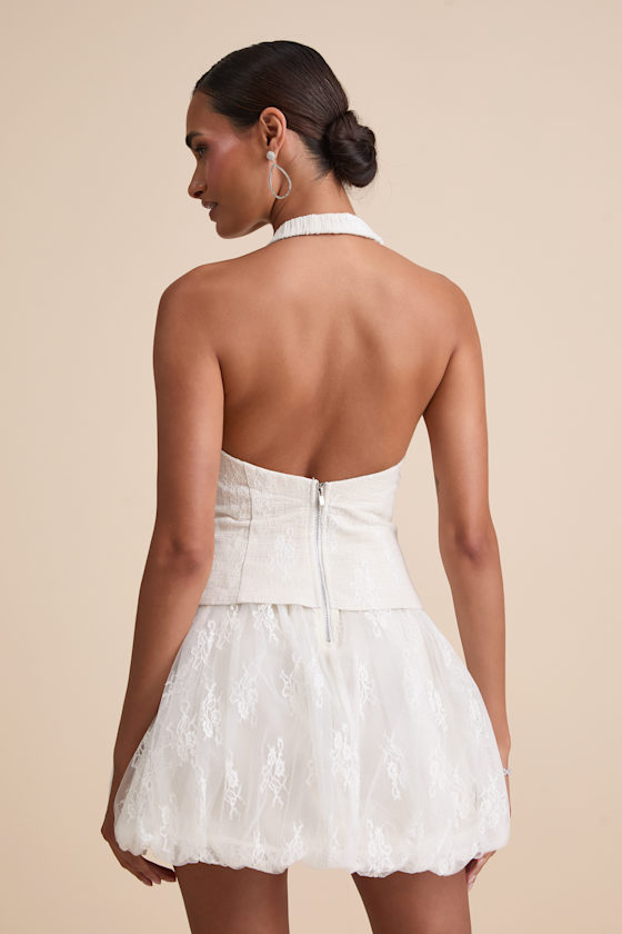 Lulus Ottoline Ivory Mixed-media Bubble-hem Halter Mini Dress In White