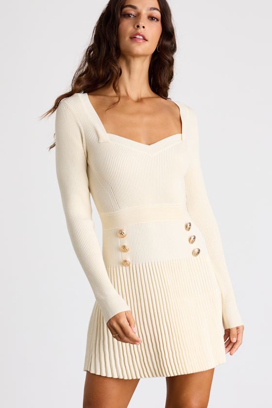 Chicest Crush Ivory Ribbed Long Sleeve Mini Sweater Dress 1