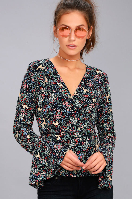 Cute Woodland Print Top Long Sleeve Top Wrap Top Lulus