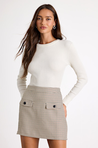 Andy Beige Houndstooth High-Rise Mini Skirt 1
