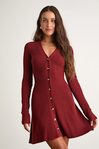 Adorably Flirty Rust Red Button-Front Sweater Mini Dress 1