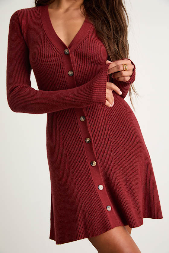 Adorably Flirty Rust Red Button-Front Sweater Mini Dress 2