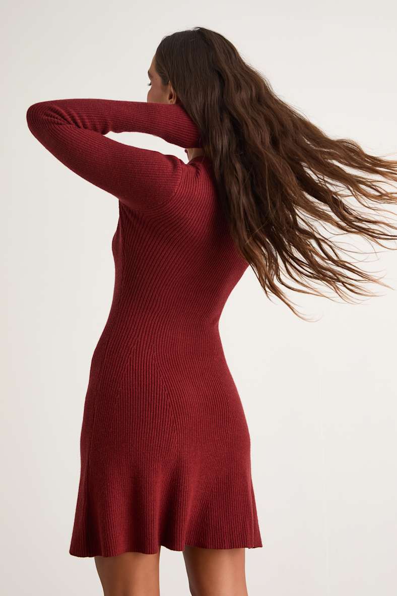 Adorably Flirty Rust Red Button-Front Sweater Mini Dress