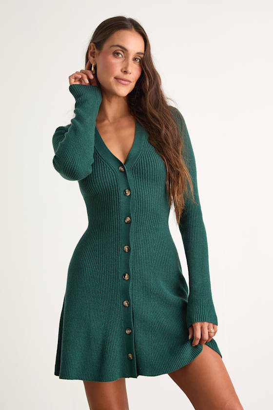 Adorably Flirty Emerald Button-Front Sweater Mini Dress 1