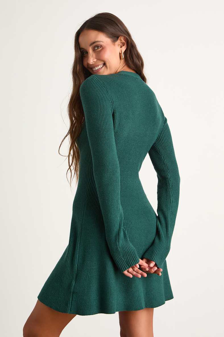 Adorably Flirty Emerald Button-Front Sweater Mini Dress