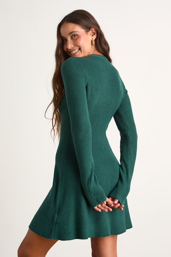 Adorably Flirty Emerald Button-Front Sweater Mini Dress