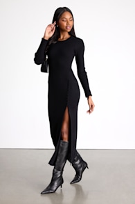 Refined Attitude Black Ribbed Side Button Midi Sweater Dress 1