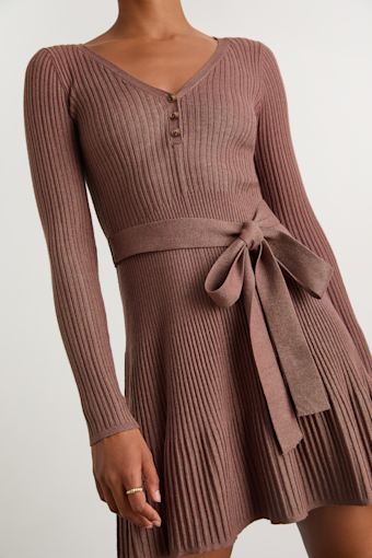 Cozy Poise Heather Brown Henley Long Sleeve Mini Sweater Dress 2
