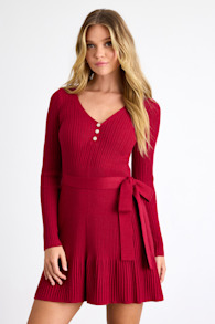 Cozy Poise Red Henley Long Sleeve Mini Sweater Dress 1