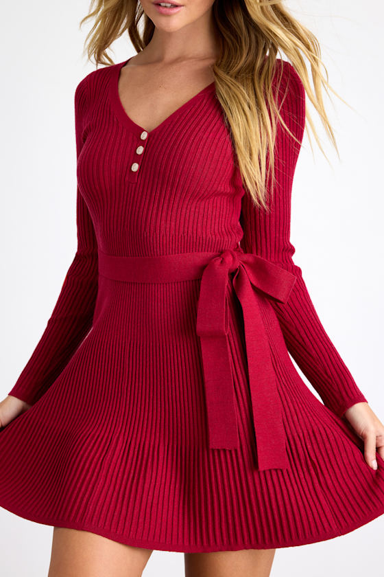 Cozy Poise Red Henley Long Sleeve Mini Sweater Dress 2