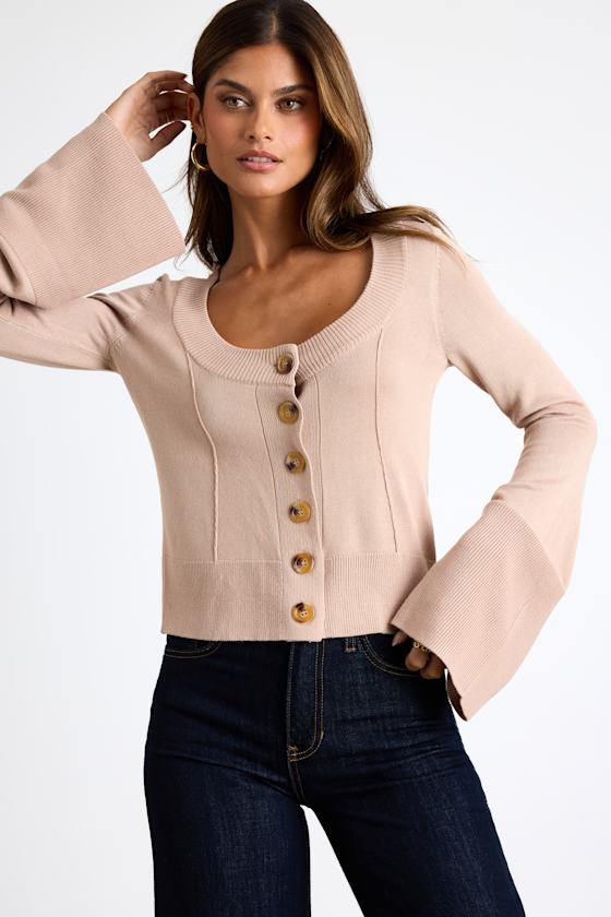 Bastian Beige Button-Front Cardigan Sweater Top 2