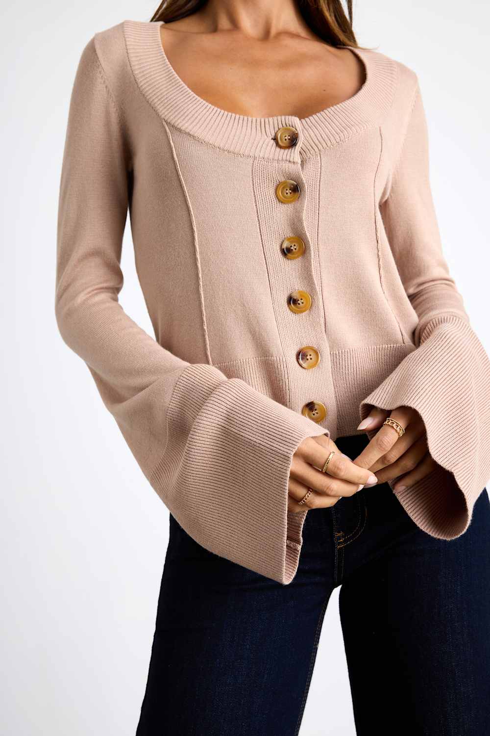 Bastian Beige Button-Front Cardigan Sweater Top