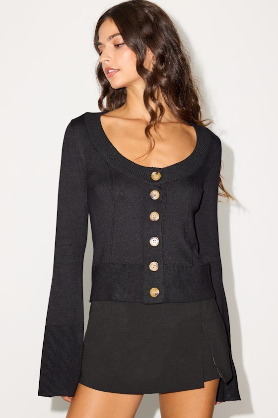 Bastian Black Button-Front Cardigan Sweater Top 1