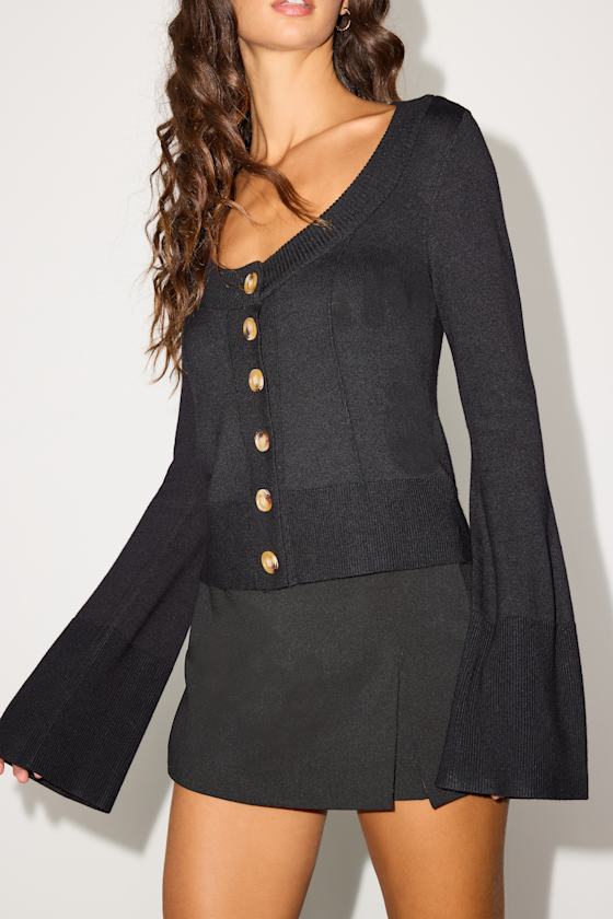 Bastian Black Button-Front Cardigan Sweater Top 2