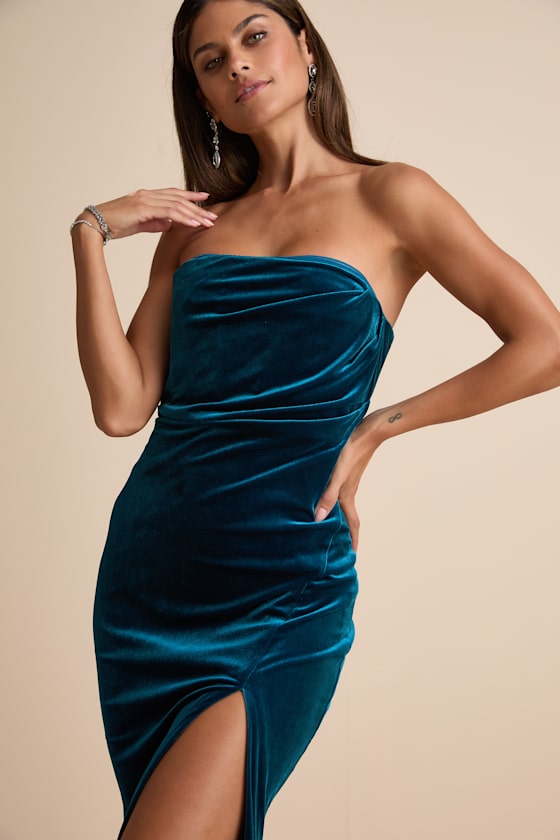 Perfectly Captivating Dark Teal Velvet Strapless Maxi Dress 2
