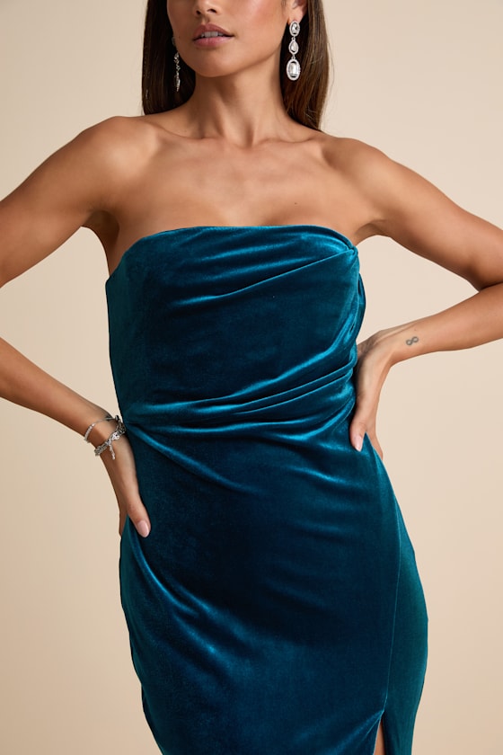 Perfectly Captivating Dark Teal Velvet Strapless Maxi Dress - thumbnail 4