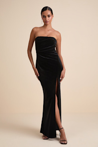 Perfectly Captivating Black Velvet Strapless Maxi Dress 1