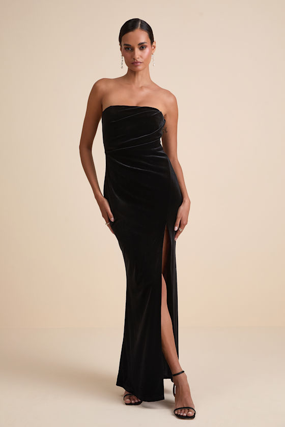 Perfectly Captivating Black Velvet Strapless Maxi Dress 1