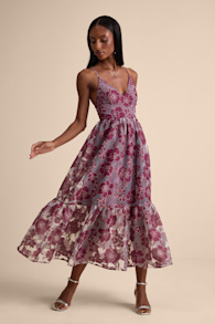 Feeling Like Forever Plum Jacquard Organza Lace-Up Midi Dress 1