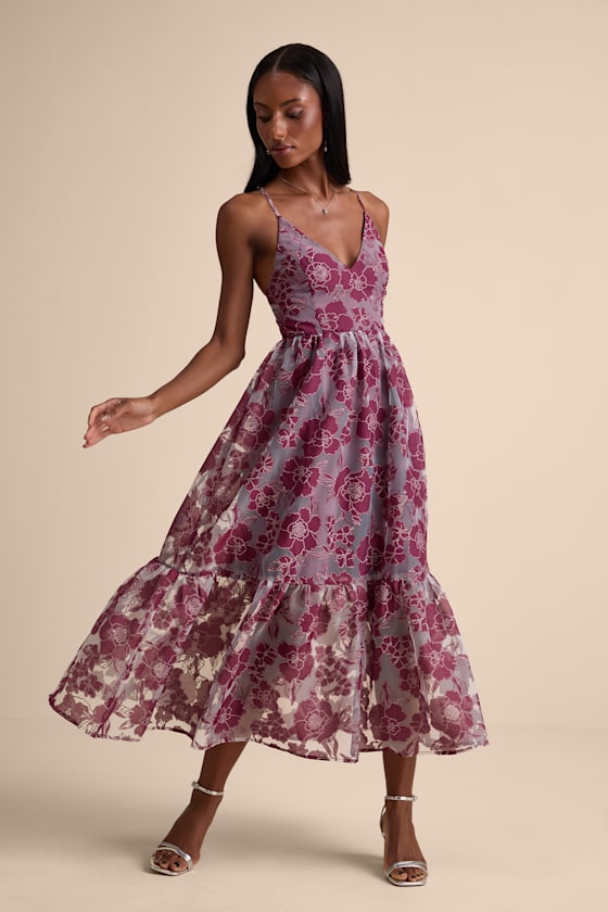 Feeling Like Forever Plum Jacquard Organza Lace-Up Midi Dress 1