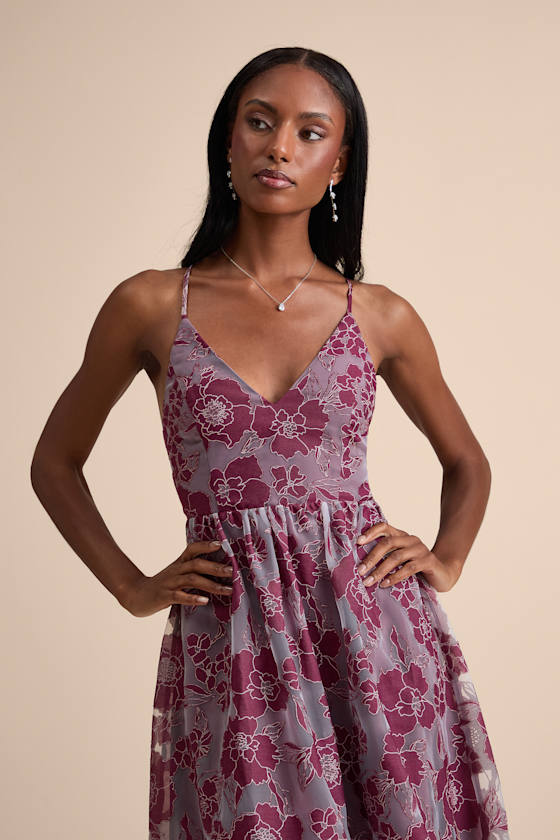 Plum Lace-Up Dress - Plum Floral Dress - Organza Midi Dress - Lulus
