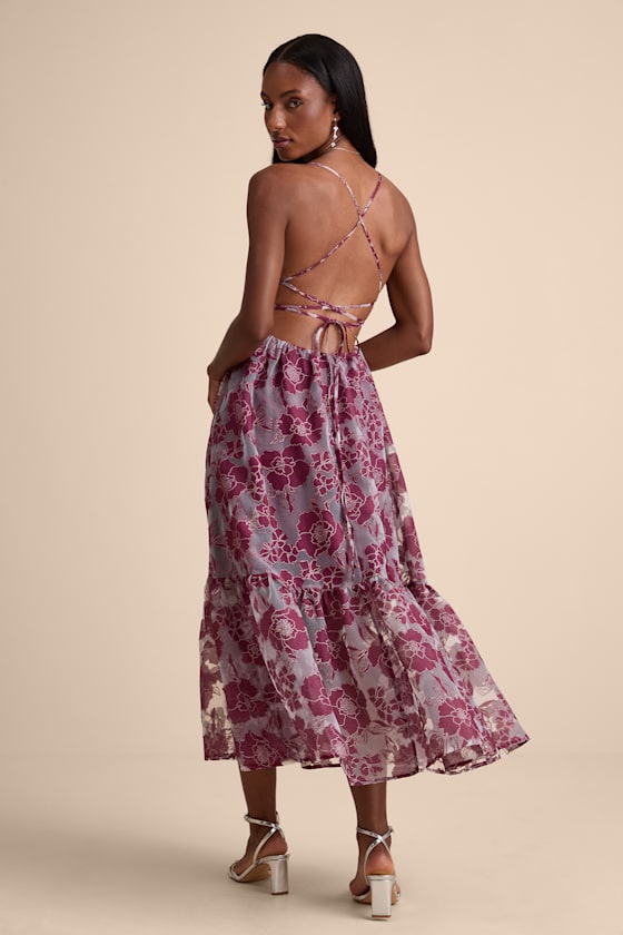 Plum Lace-Up Dress - Plum Floral Dress - Organza Midi Dress - Lulus