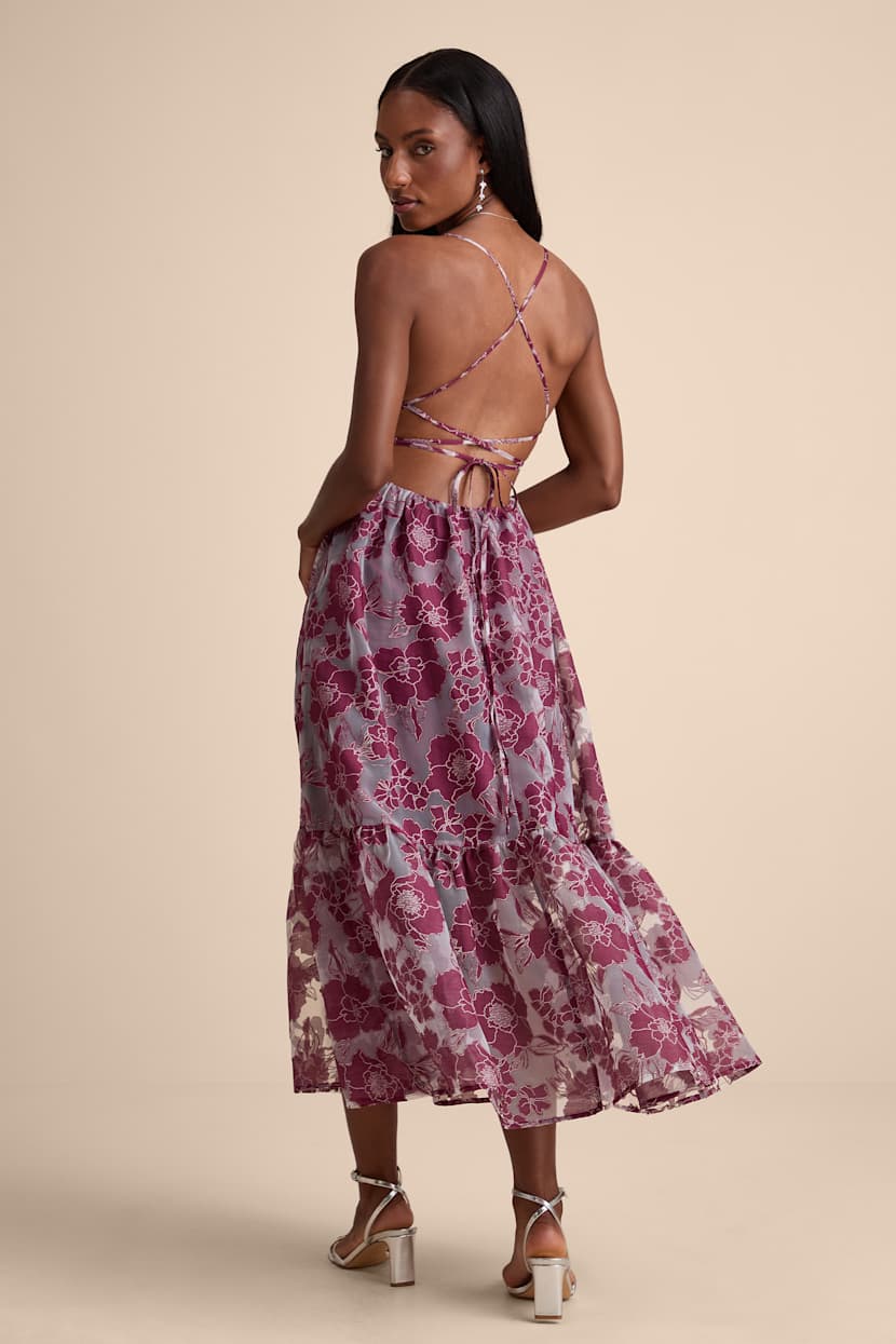 Feeling Like Forever Plum Jacquard Organza Lace-Up Midi Dress
