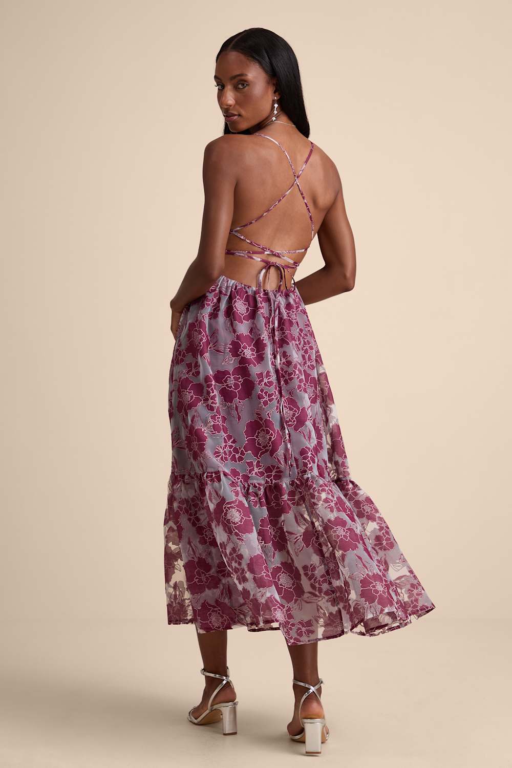 Feeling Like Forever Plum Jacquard Organza Lace-Up Midi Dress