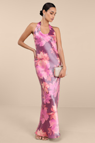 Lashay Purple and Pink Floral Satin Halter Mermaid Maxi Dress 1