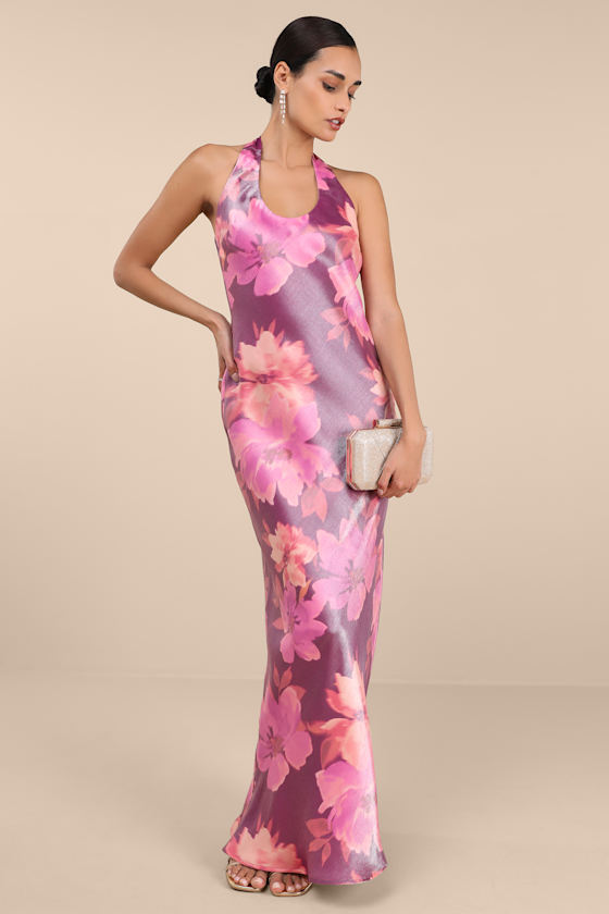 Lashay Purple and Pink Floral Satin Halter Mermaid Maxi Dress 1
