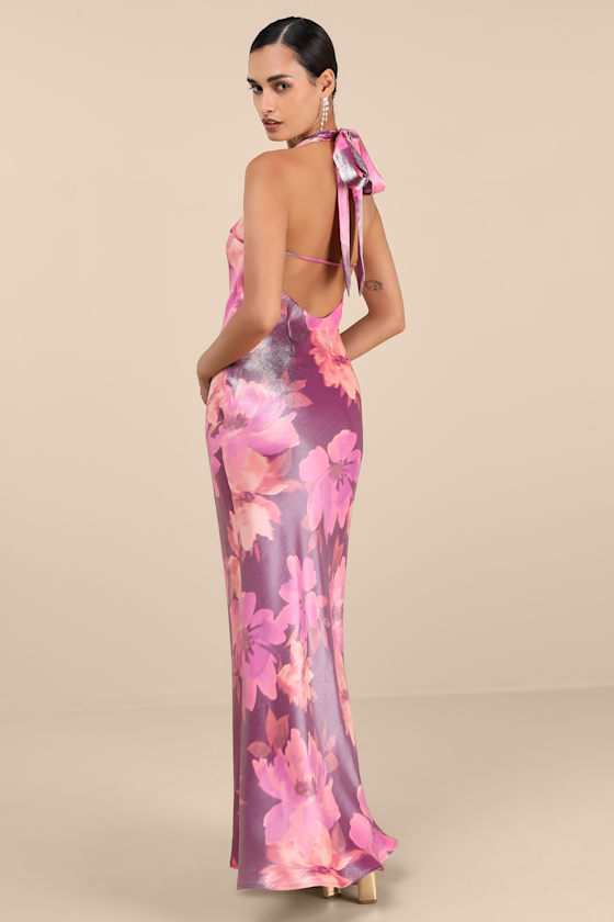 Lashay Purple and Pink Floral Satin Halter Mermaid Maxi Dress 3